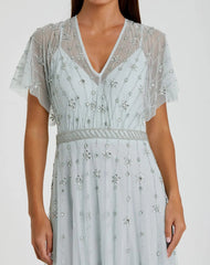 Blue V Neck Embellished Flutter Sleeve A Line Gown