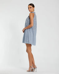Blue High Neck Sleeveless Sequin Embellished Trapeze Dress