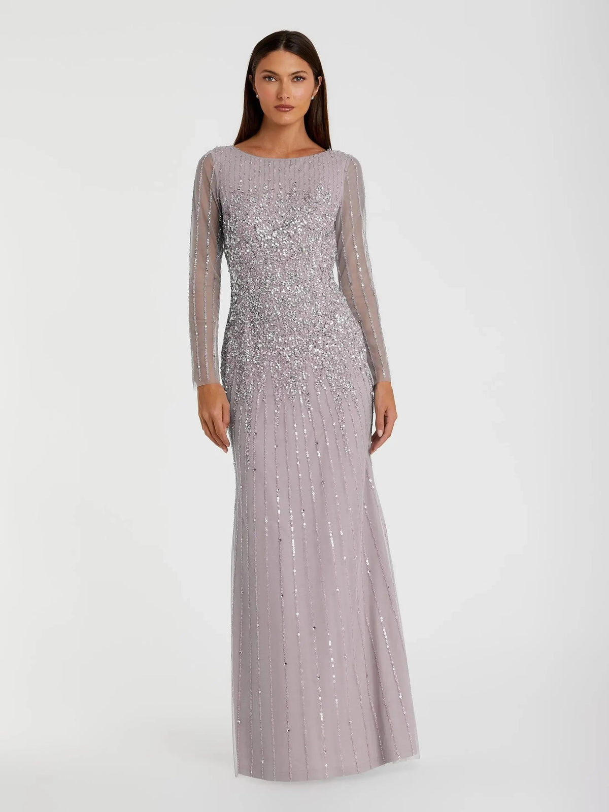 Purple High Neck Sequin Embellished Long Sleeve A Line Gown