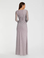 Purple High Neck Sequin Embellished Long Sleeve A Line Gown