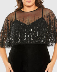 Black Sleeveless Velvet Gown With Embellished Cape (Plus)