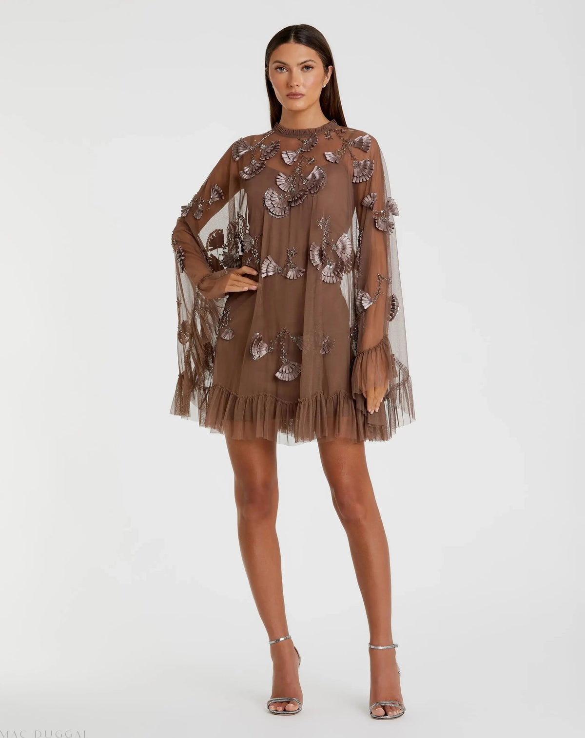 Brown Embellished Long Flare Sleeve Mesh A-Line Dress