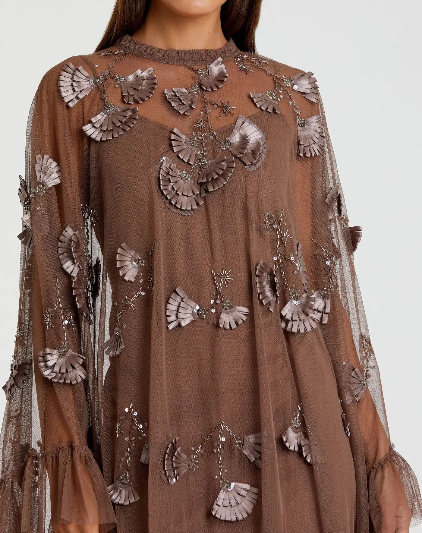 Brown Embellished Long Flare Sleeve Mesh A-Line Dress