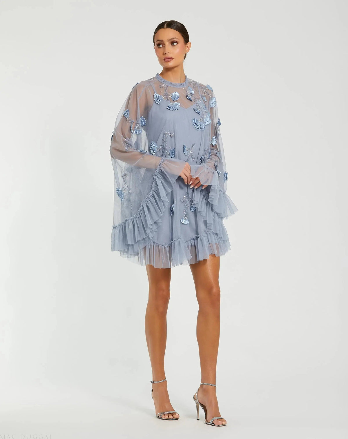 Blue Embellished Long Flare Sleeve Mesh Trapeze Dress