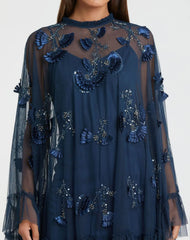 Navy Embellished Long Flare Sleeve Mesh A-Line Dress