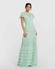 Green Beaded Mesh High Neck Micro Ruffle Gown