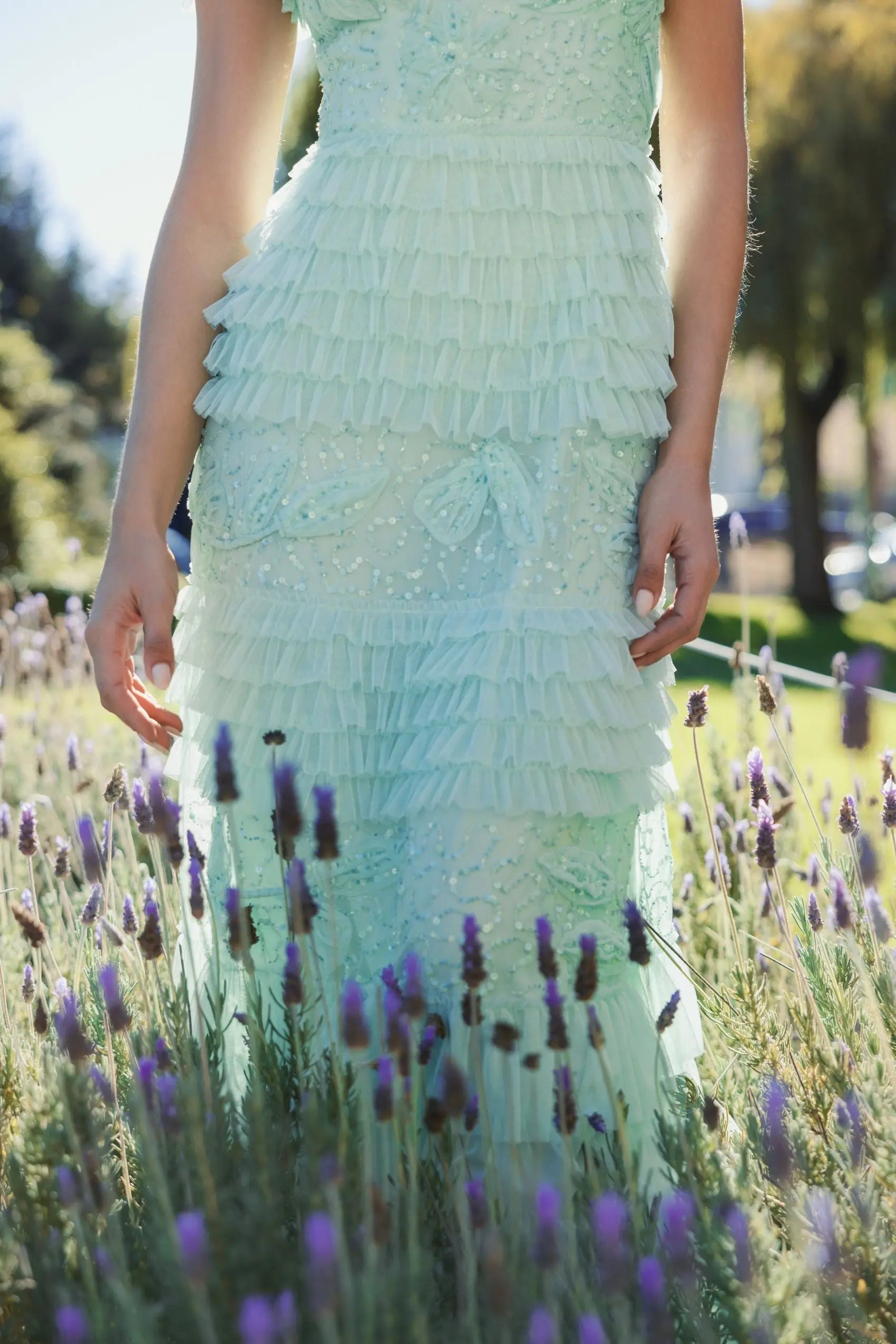 Green Beaded Mesh High Neck Micro Ruffle Gown