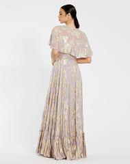 Purple Cape Sleeve A Line Floral Chiffon Gown