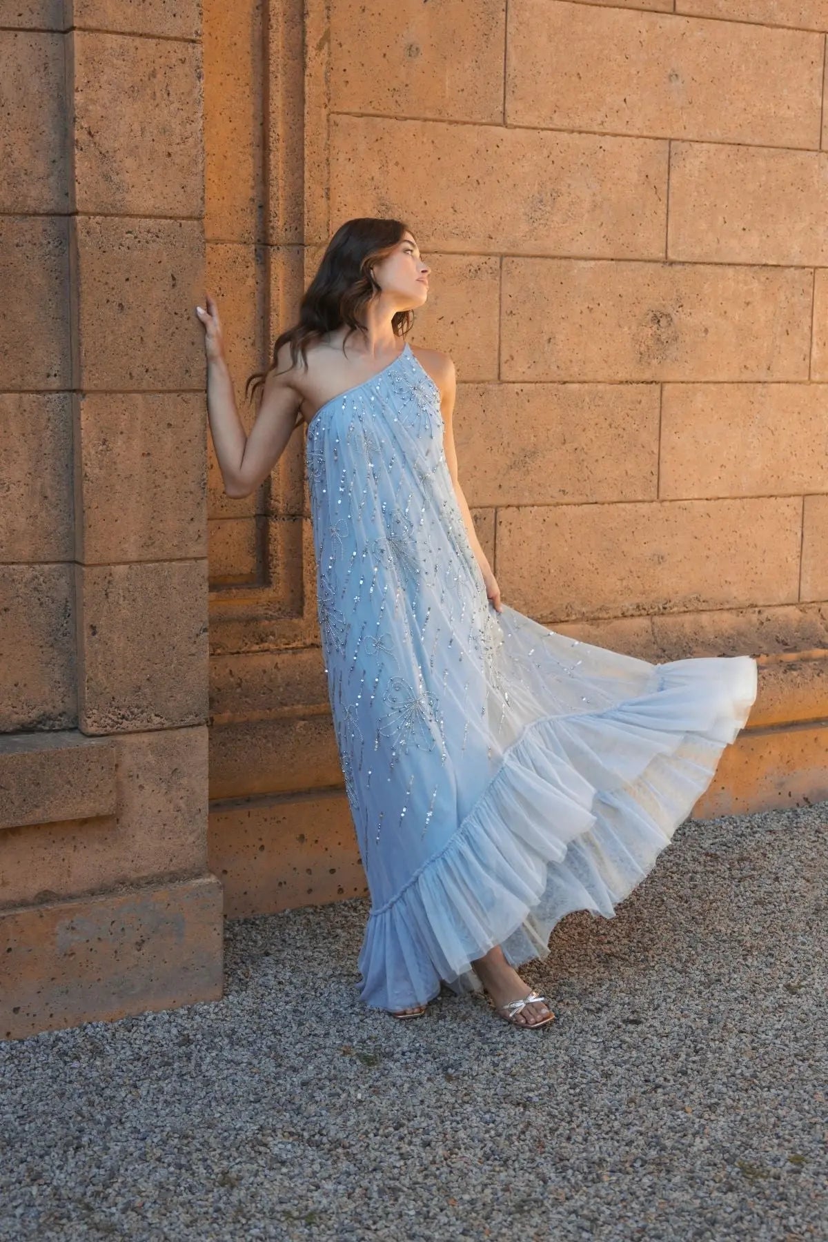 Blue One Shoulder Bow Embellished High Low Gown