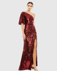 Red One Shoulder Sequin Evening Gown