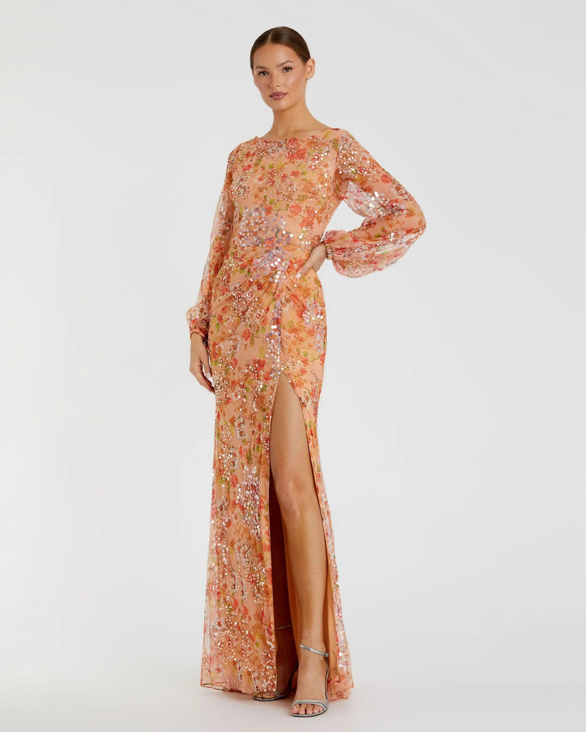 Orange Floral Print Sequined Puff Sleeve Gown