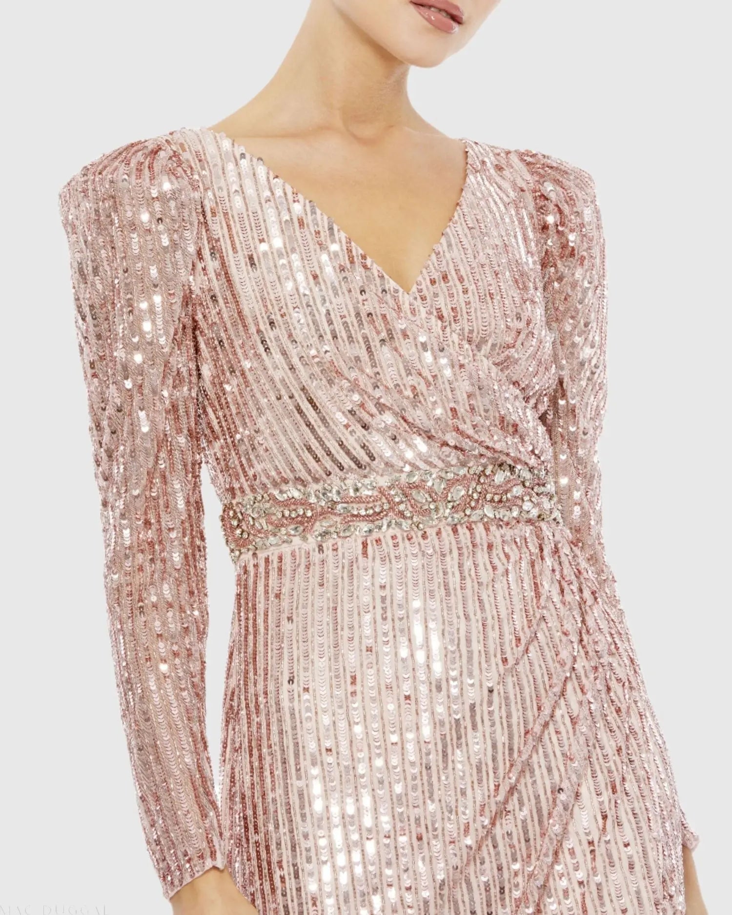 Pink Sequin Puff Sleeve Surplice Gown