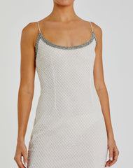 White Beaded Spaghetti Strap Column Gown