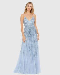 Embellished V Neck Sleeveless A Line Gown