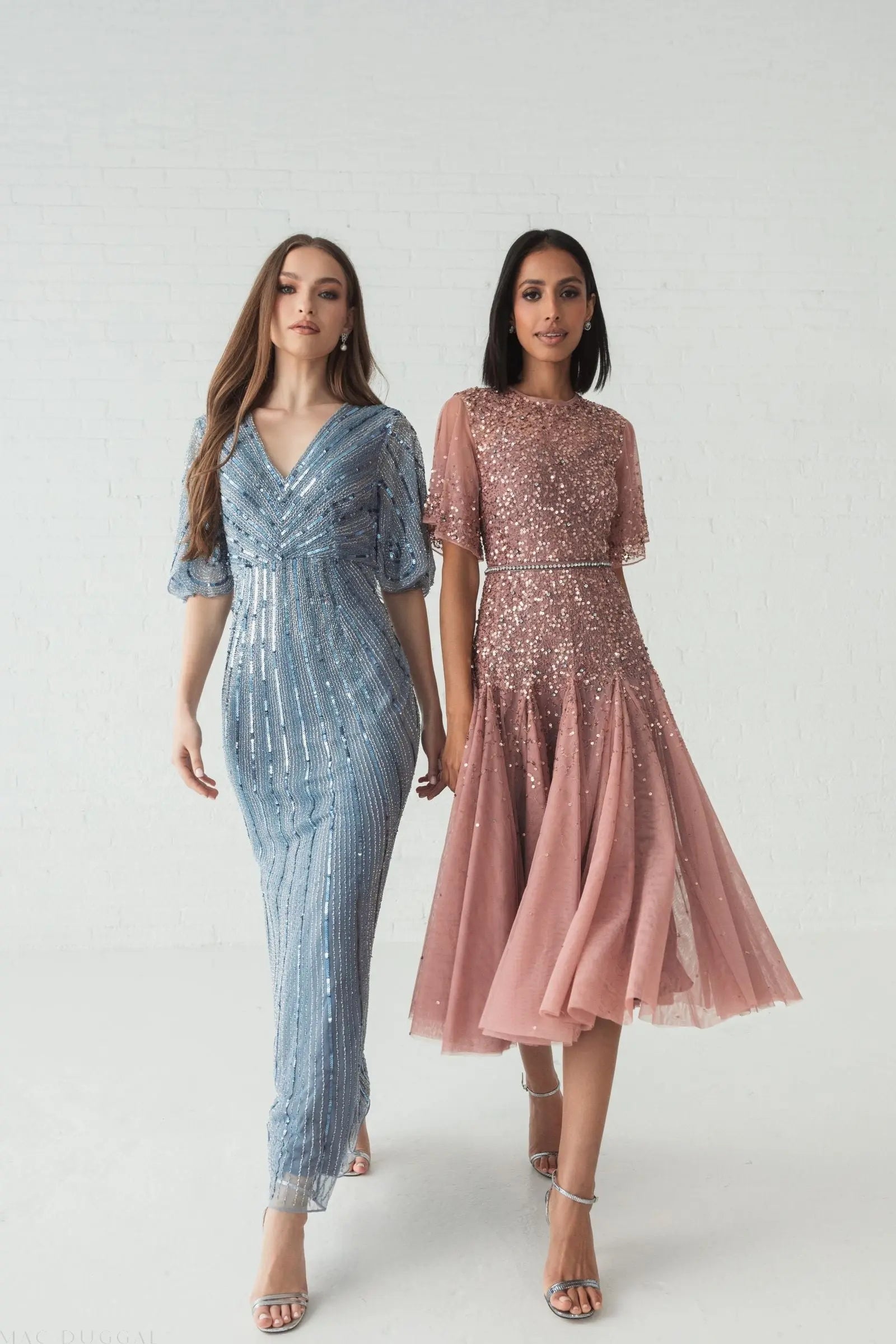 Blue Sequined V Neck Cape Sleeve Gown