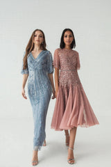 Blue Sequined V Neck Cape Sleeve Gown