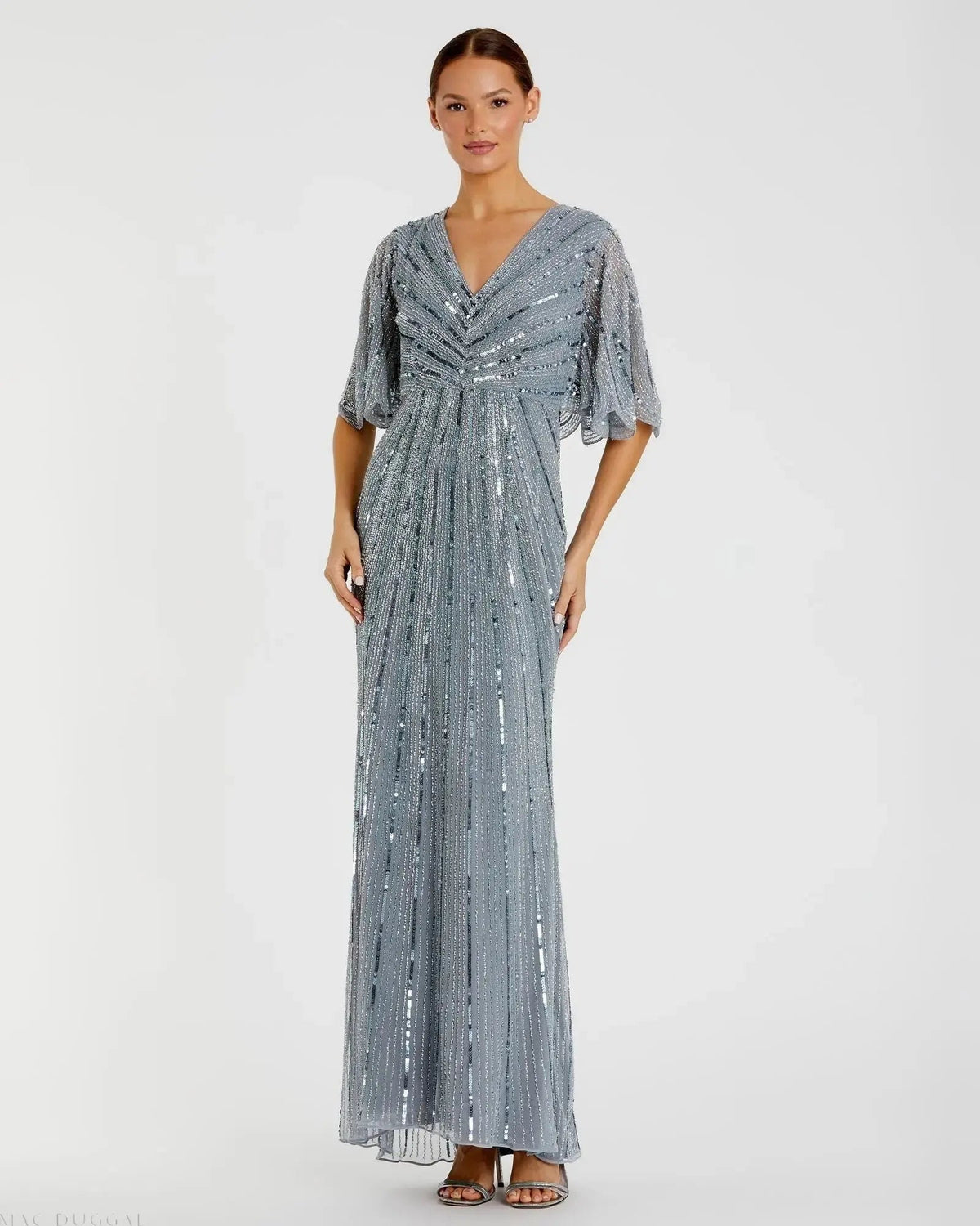 Blue Sequined V Neck Cape Sleeve Gown