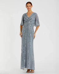 Blue Sequined V Neck Cape Sleeve Gown