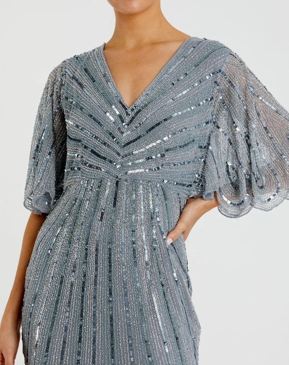 Blue Sequined V Neck Cape Sleeve Gown