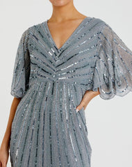 Blue Sequined V Neck Cape Sleeve Gown