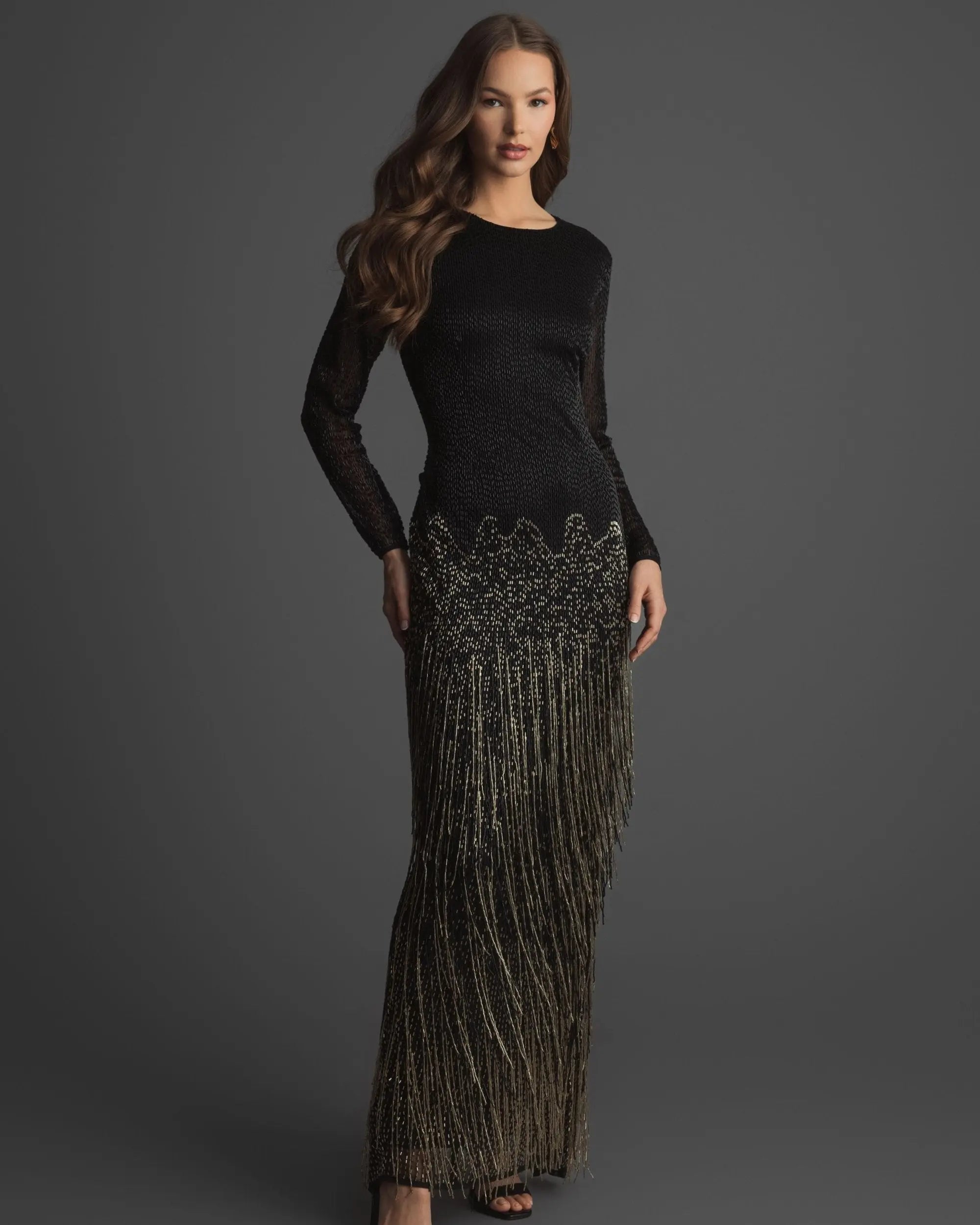 Black Long Sleeve Beaded Fringe Evening Gown