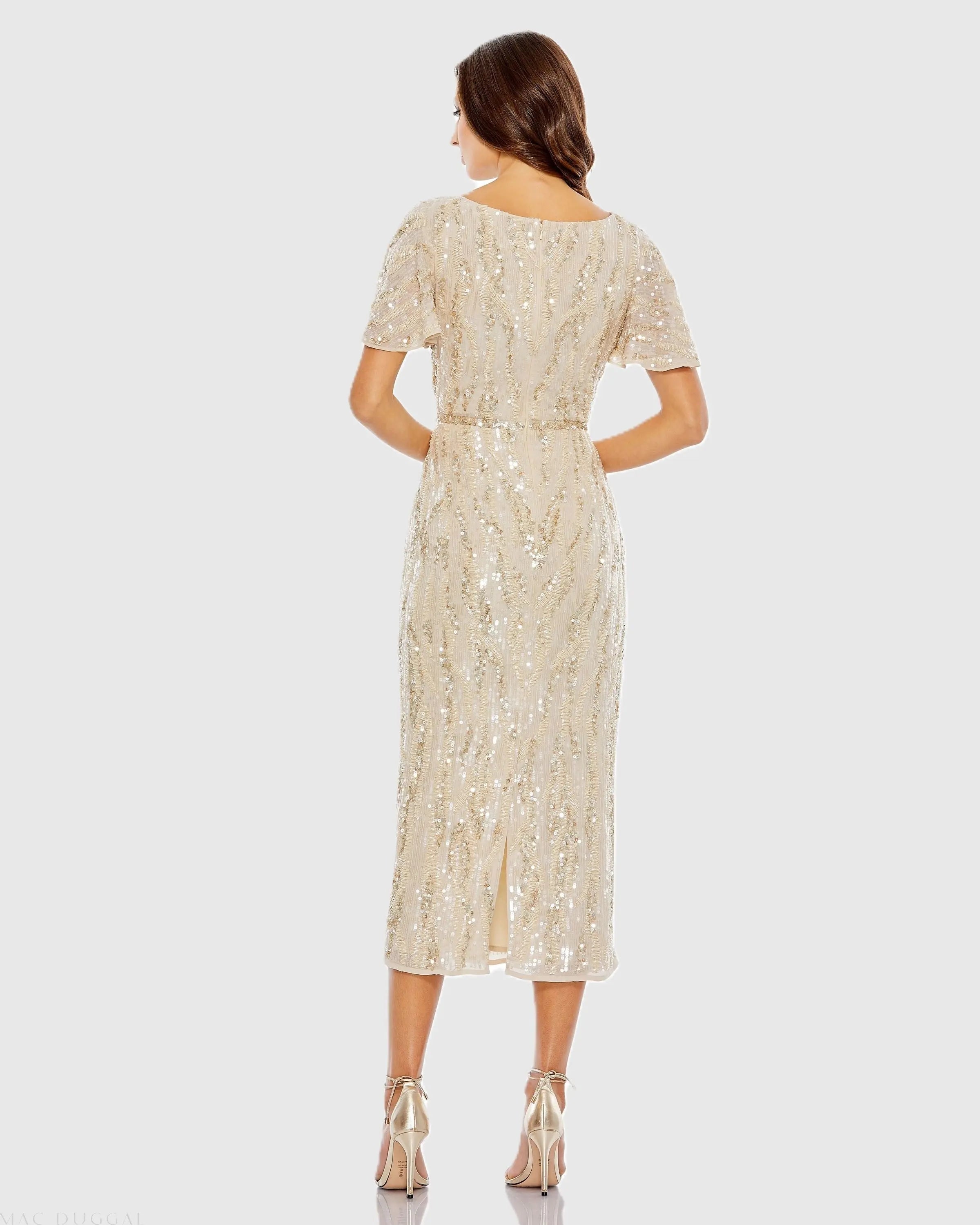 Beige Sequined V Neck Flutter Sleeve Tea Length Dress