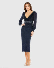 Navy Sequined V Neck Bishop Sleeve Dress