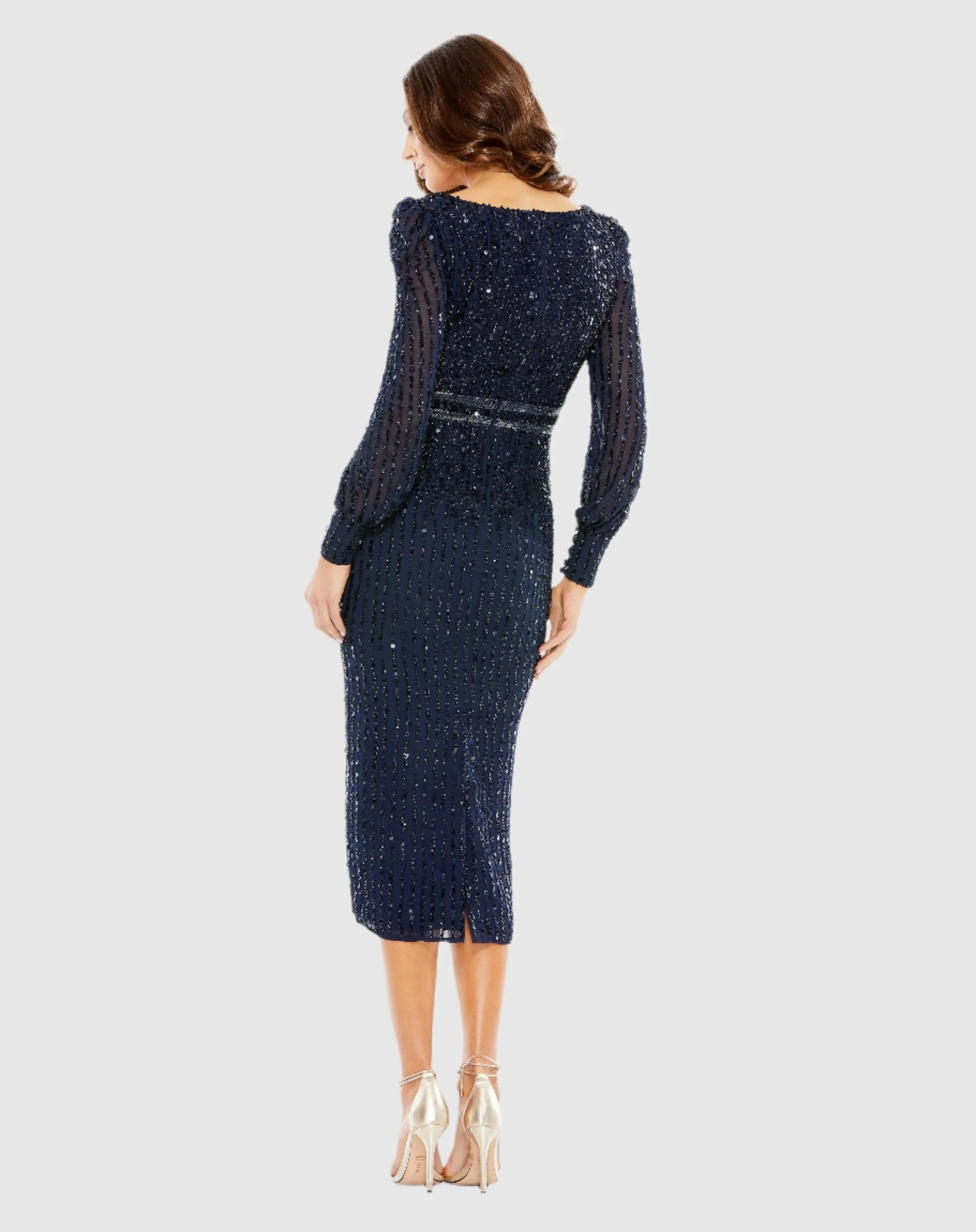 Navy Sequined V Neck Bishop Sleeve Dress