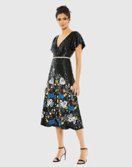 Black Floral Sequin Flutter Sleeve Aline Wrap Dress