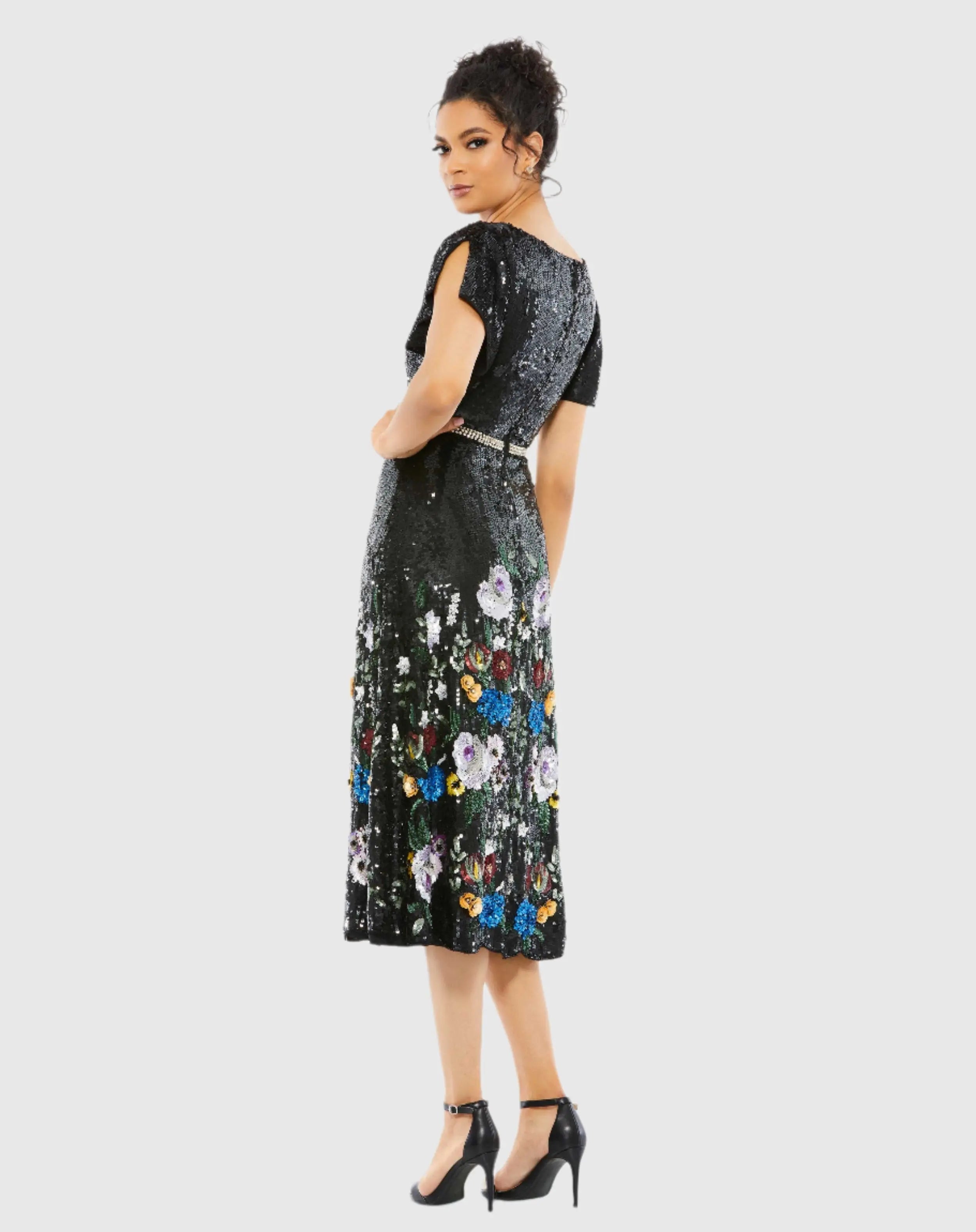 Black Floral Sequin Flutter Sleeve Aline Wrap Dress