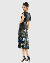 Black Floral Sequin Flutter Sleeve Aline Wrap Dress