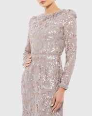 Light Purple Embellished High Neck Puff Sleeve Midi Sheath Dress