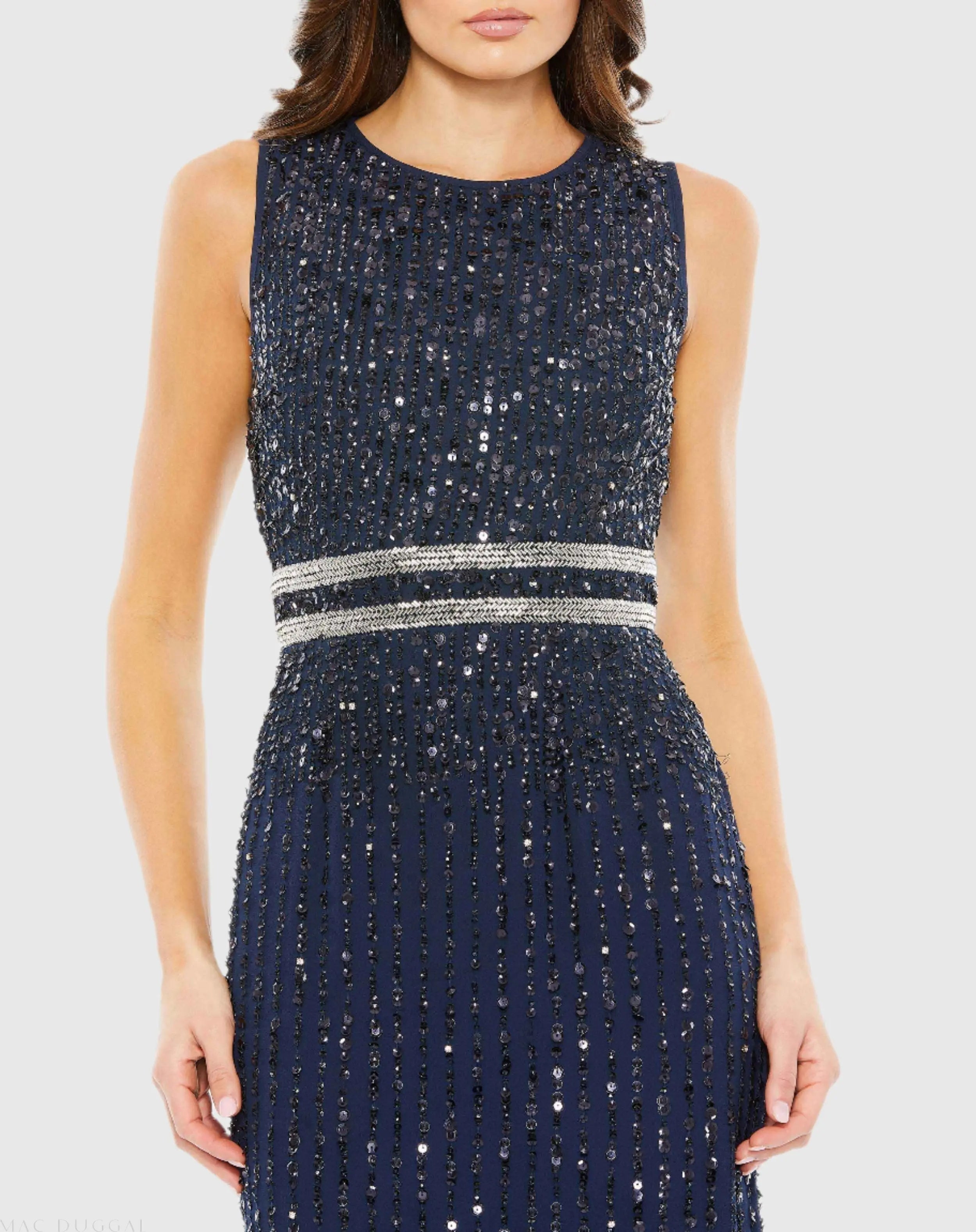 Blue Sequined High Neck Sleeveless Column Gown