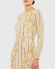 Gold Long Sleeve Embellished Tea Length Dress