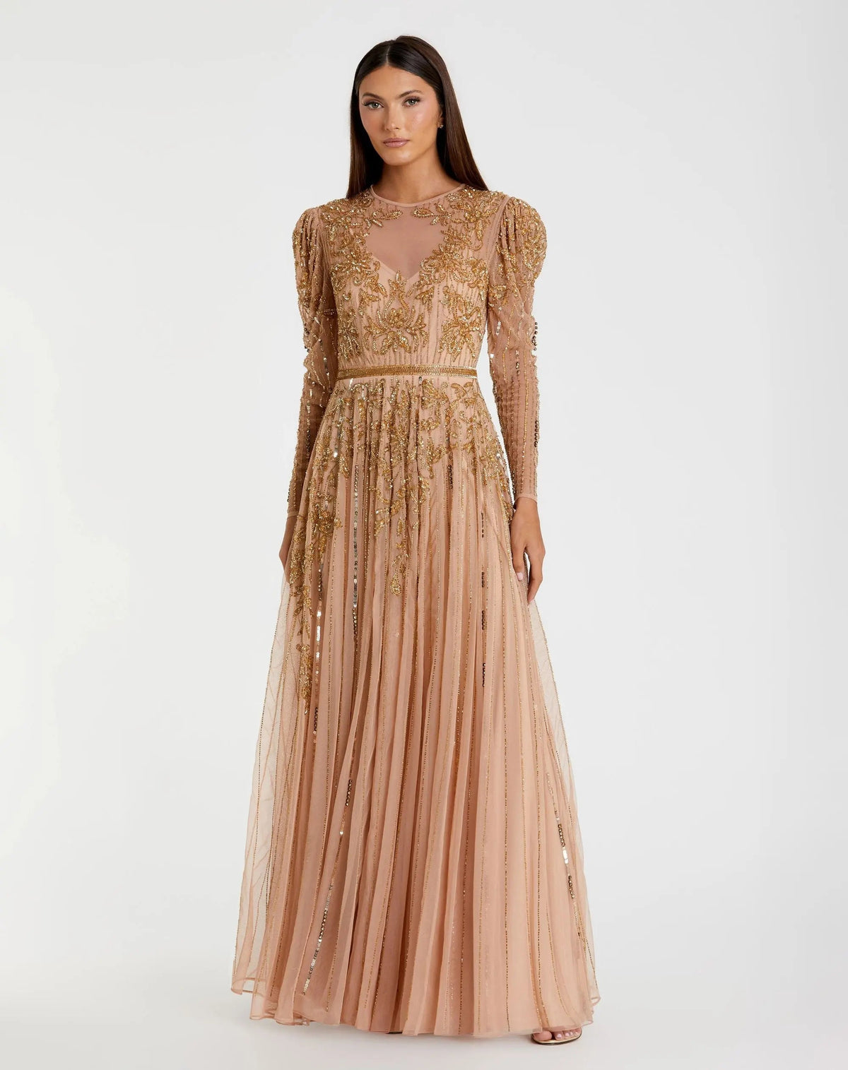 Pink and Gold Beaded Illusion Puff Sleeve Gown