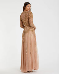 Pink and Gold Beaded Illusion Puff Sleeve Gown