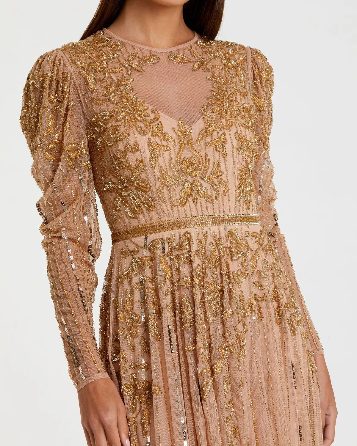 Pink and Gold Beaded Illusion Puff Sleeve Gown