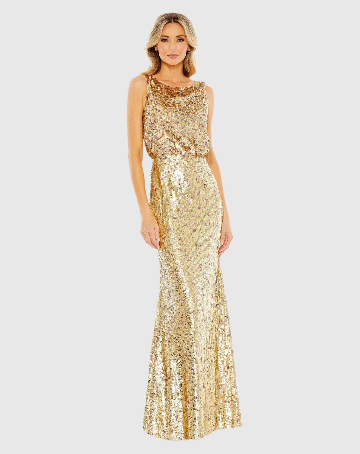 Gold Sequined Sleeveless High Neck Gown