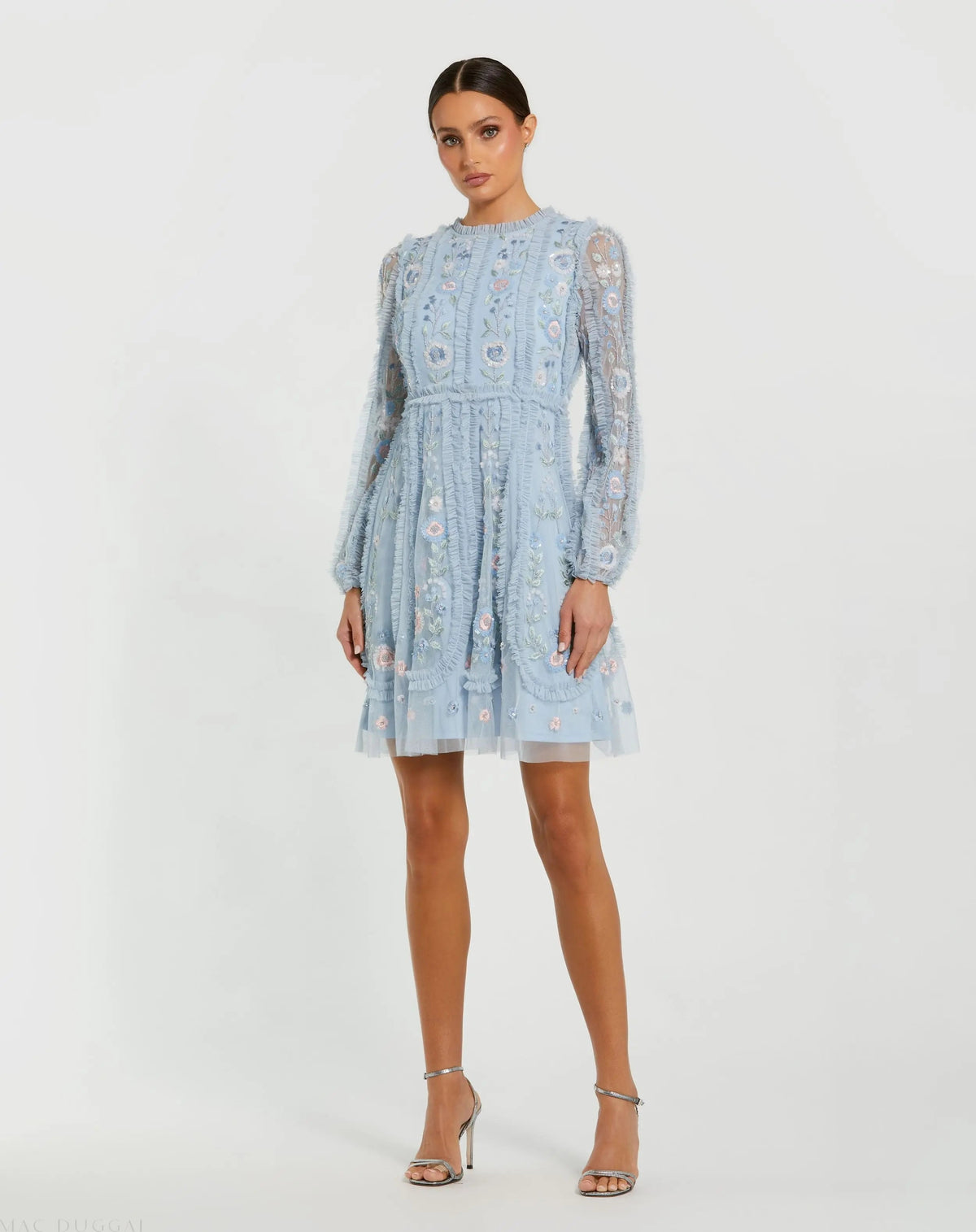 Blue Floral Mesh Long Sleeve Micro Ruffle Mini Dress