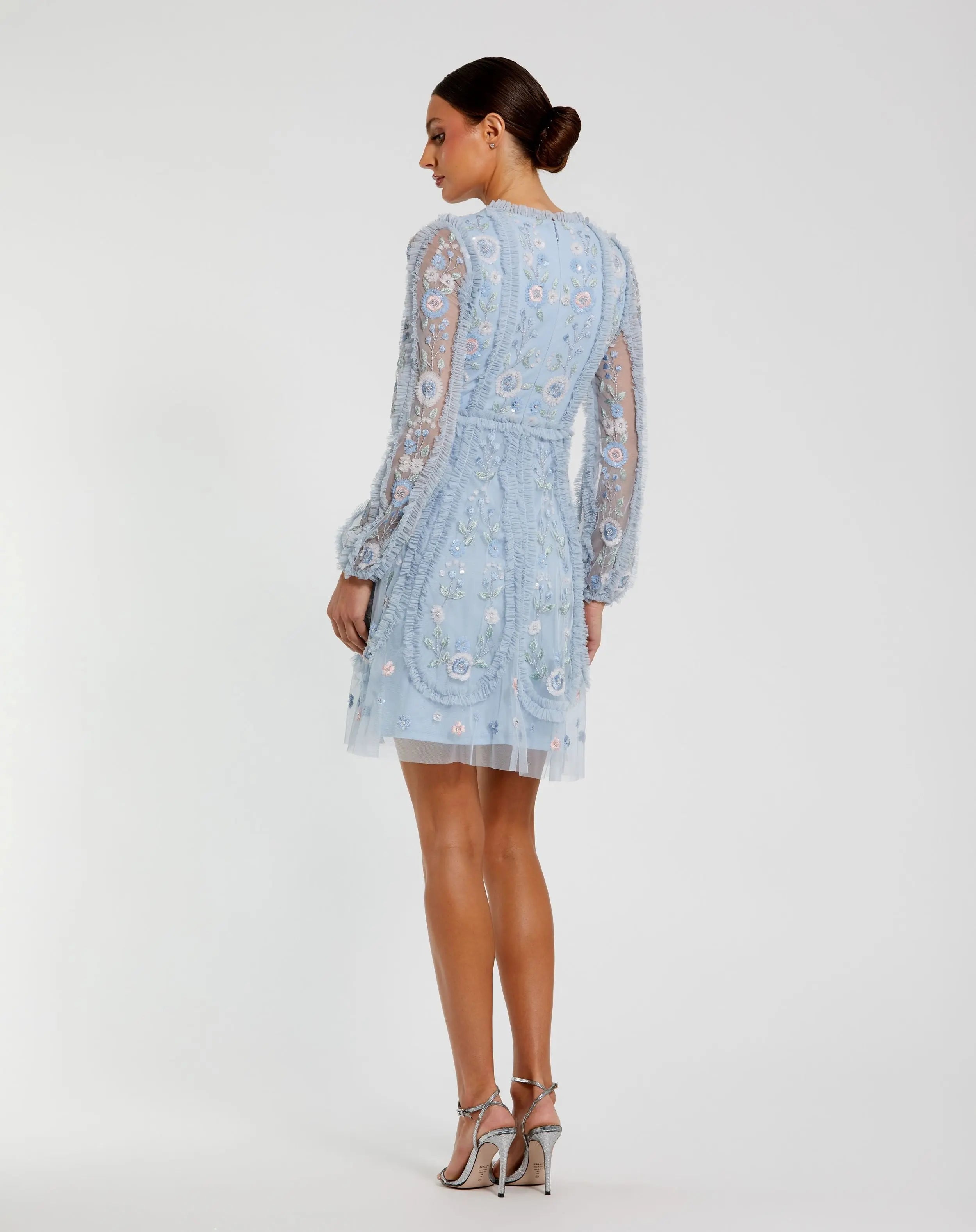 Blue Floral Mesh Long Sleeve Micro Ruffle Mini Dress