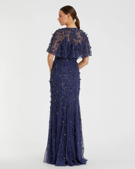 Navy Embellished Illusion Cape Sleeve Trumpet Gown