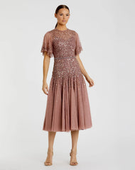 Pink Cape Sleeve Beaded Tea Length Drop Waist Dress