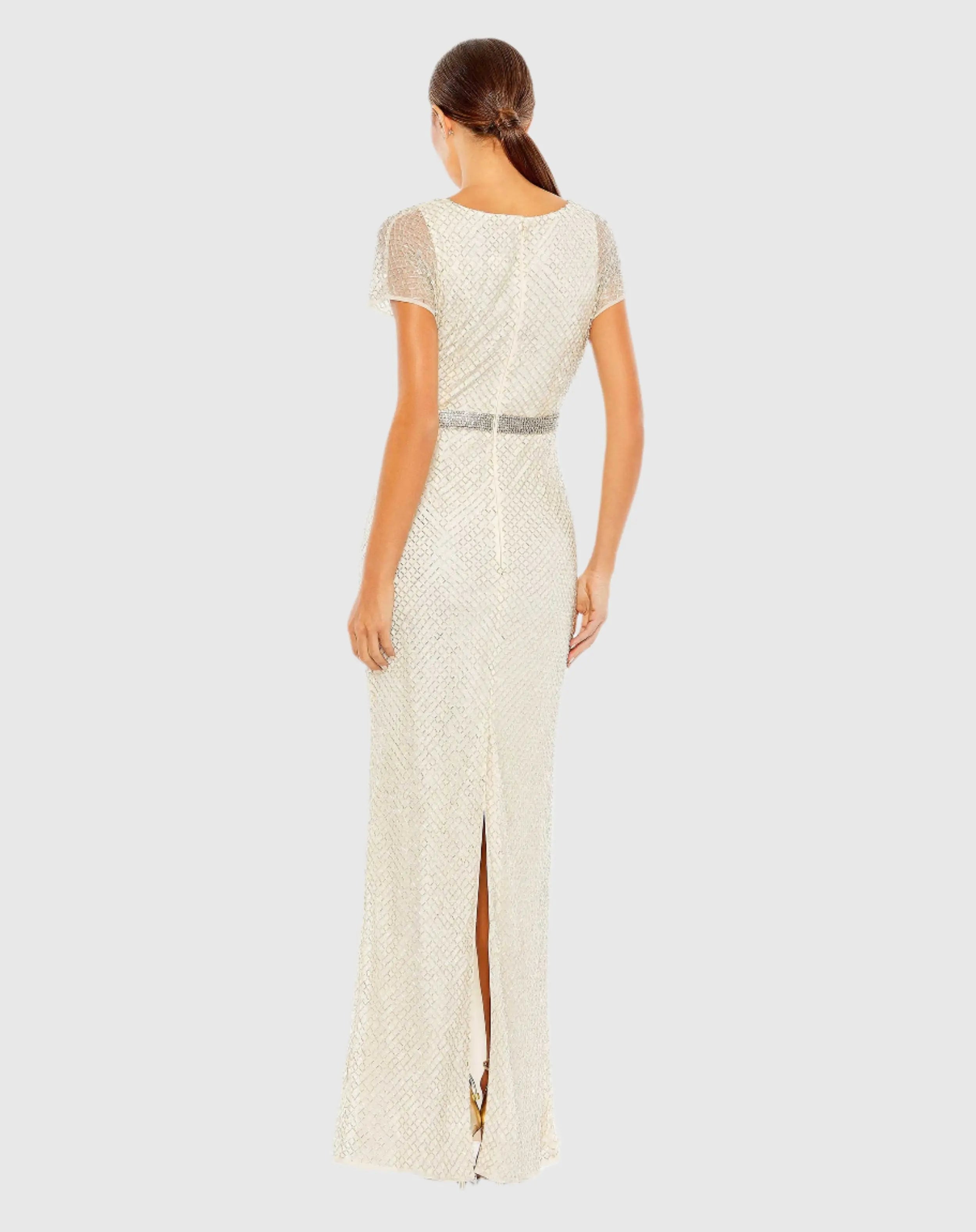 White Beaded Short Sleeve Column Gown