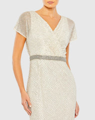 White Beaded Short Sleeve Column Gown