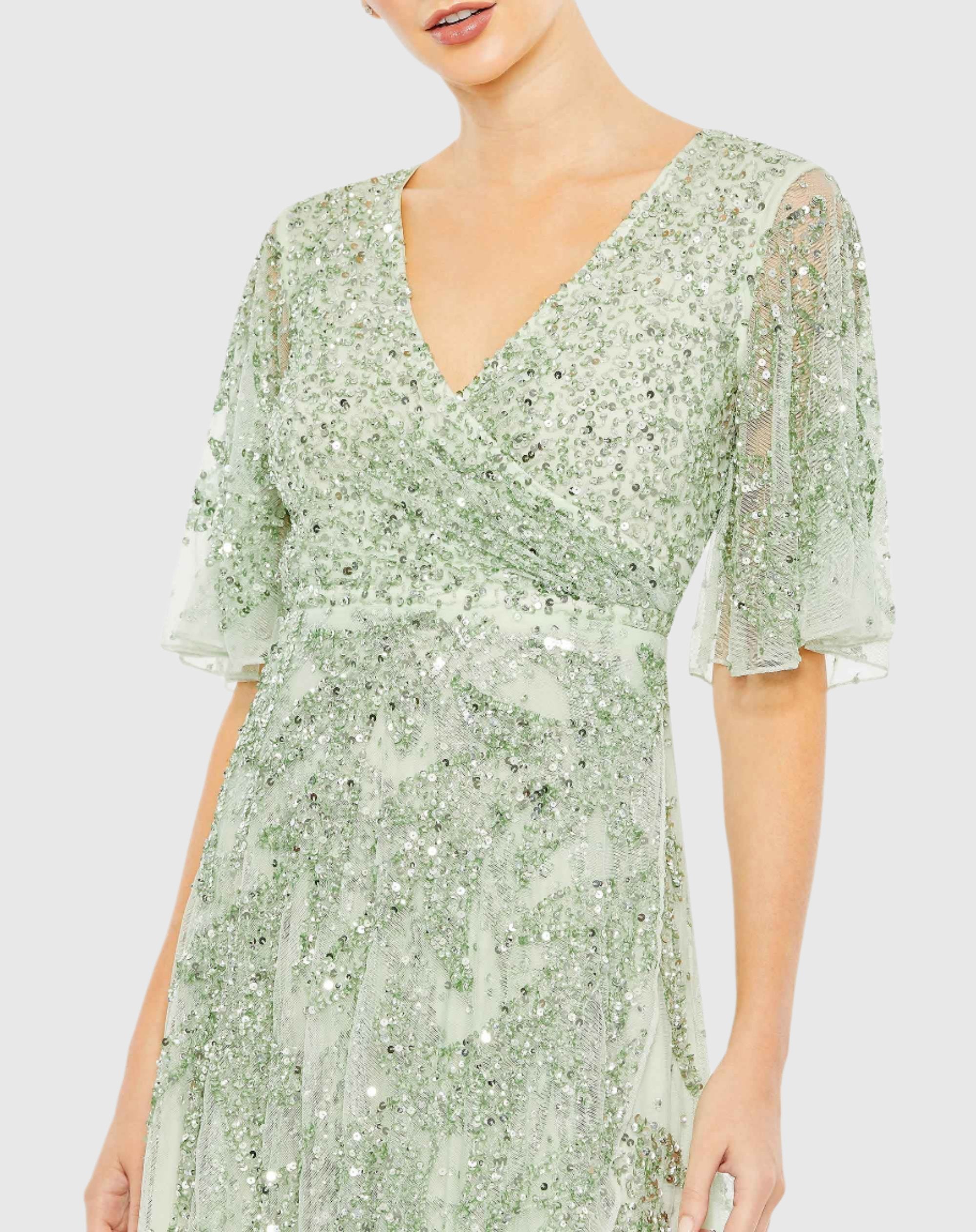 Green Sequined Butterfly Sleeve High Low Gown