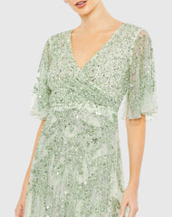 Green Sequined Butterfly Sleeve High Low Gown