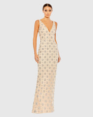 Beige Sleeveless Hand Beaded V-Neck Gown