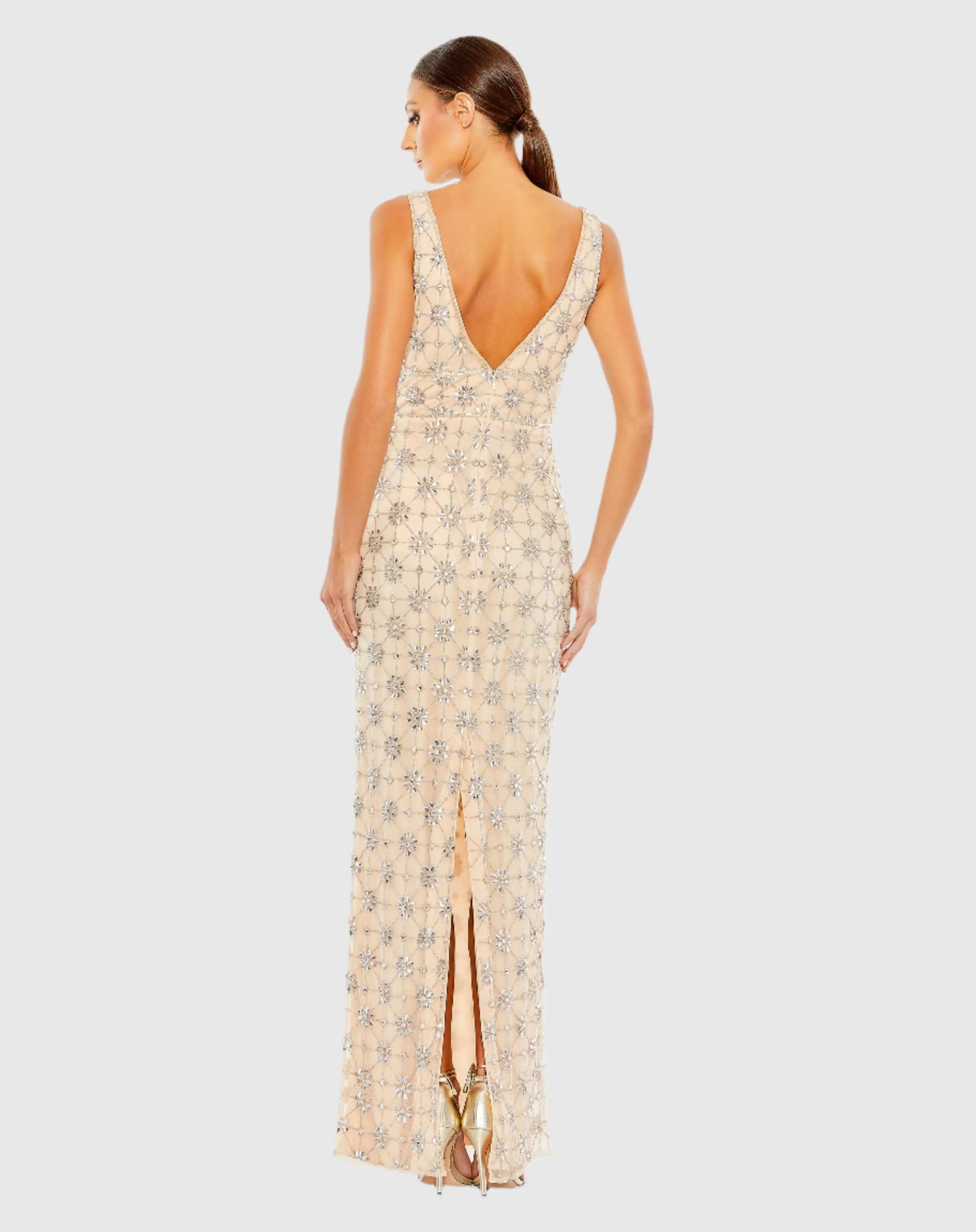 Beige Sleeveless Hand Beaded V-Neck Gown