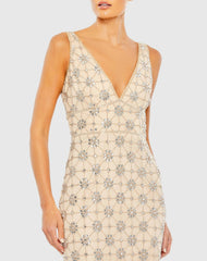 Beige Sleeveless Hand Beaded V-Neck Gown