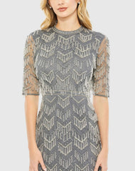 Gray Beaded Fringe Quarter Sleeve Column Gown